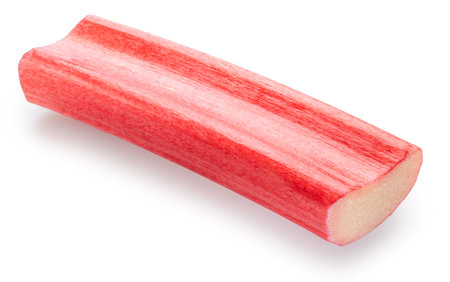 Cuts of red rhubarb stem on white background. File contains clipping path.の写真素材