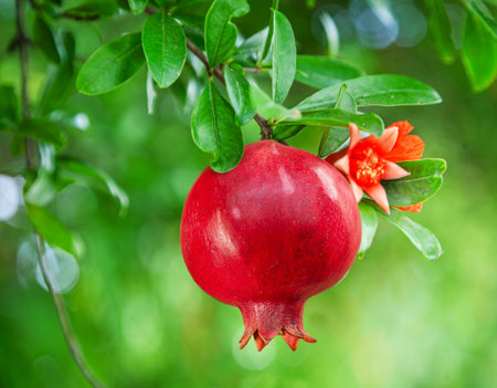 Ripe pomegranate fruit close up between green lush on pomegranate tree.の写真素材