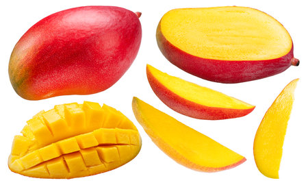 Collection of ripe mango fruit and mango slices on white background. File contains clipping paths.の写真素材