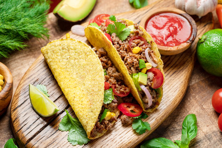 Mexican meat tacos or beef stuffed tortillas and lime slices near them on wooden serving board.の写真素材