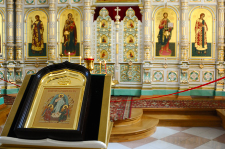 Valaam Island, Karelia, Russia - June 12, 2014: Christian Church of the Resurrection monastery, consecrated in honor of the Resurrection of Christ. Extraordinary light, airy, porcelain iconostasis is framed in gold.のeditorial素材