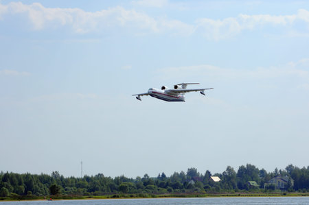 VOLGA RIVER, KONAKOVO, RUSSIA - JULY 31: Russian amphibious aircraft (flying boat) BE-200, designed...