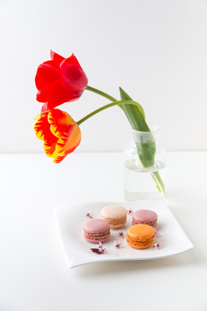 French sweet delicacy, colorful macaroon cookies  on a plate with spring blossom.の写真素材