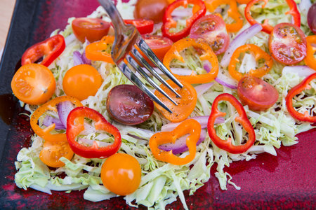 Plate of fresh salad with savoy cabbage, colorful tomatoes and peppers, and red onion. Healthy food.の写真素材