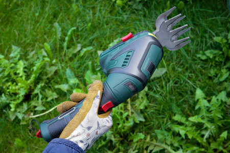 Womans hand holds a green electric grass shears among grass, weeds and small wildflowers in garden