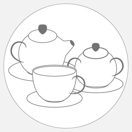 Grayscale drawing of tea set from teapot, cup and sugar bowlのイラスト素材