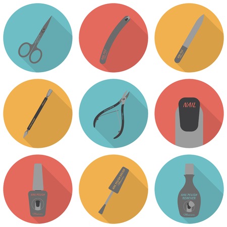 Set of flat icons of tools and accessories for nail care - manicure and pedicure. Scissors, nail files, cuticle pusher, cuticle nipper, nail polish, nail polish brush, nail polish remover. Vector illustrationのイラスト素材