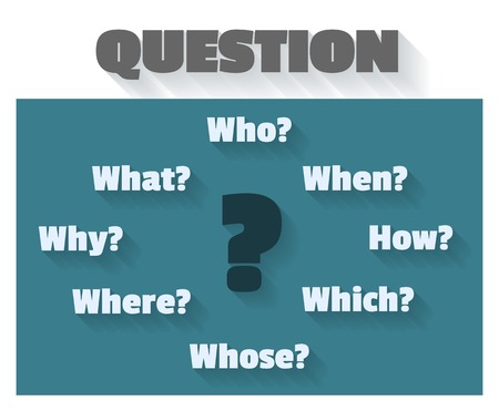 Question marks and words - who, how, when, which, why, whose, where, what. Vector illustration in the form of mind map in flat style with long shadows.のイラスト素材