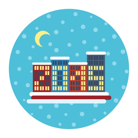 Winter city landscape with buildings, Christmas tree, 2015, snowflakes and moon. Vector illustration in flat design style.のイラスト素材
