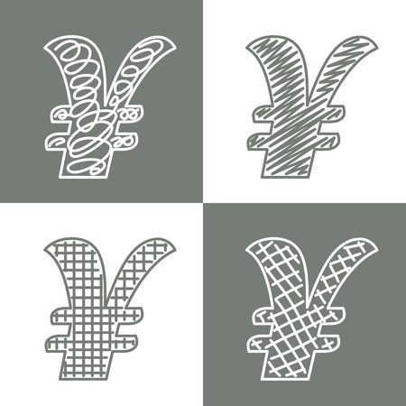 Set of hand drawn yens. Vector grunge style icons collectionのイラスト素材