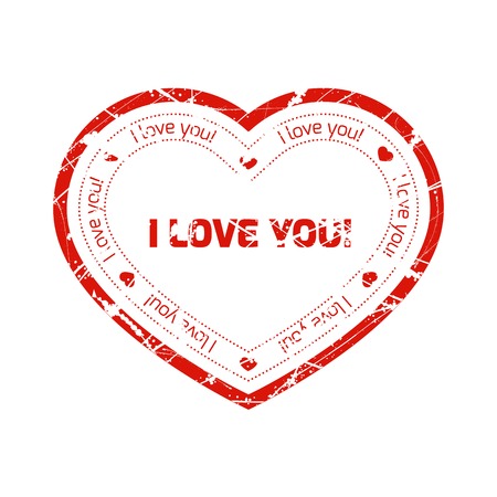 Red grunge isolated stamp in the shape of heart with declaration of love with lines and splashes. Vector element on white backgroundのイラスト素材