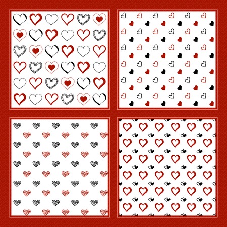 Hand drawn doodle hearts. Set of four seamless patterns - vector background.のイラスト素材