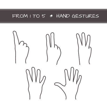 Set of isolated sketches of hands with count from 1 to 5 by fingers. Vector outlined doodle icons for numeration any items for use in design of advertisement, flyer, banner, step process, etc.のイラスト素材