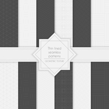Set of geometric minimalistic thin lined seamless patterns in light and dark colors. Vector illustrationのイラスト素材