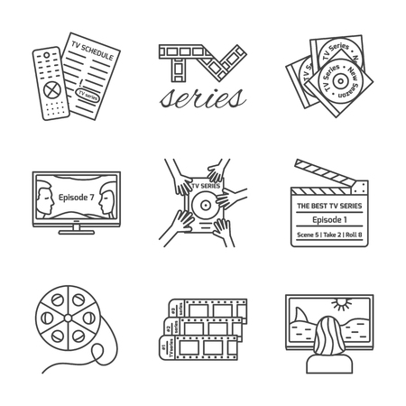 Set of isolated TV series thin lined outlined icons. Vector signs for design of apps, interfaces, web sites, banners, presentations, etc.のイラスト素材