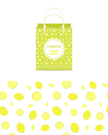 Lemon vector colorful seamless pattern and shopping bagのイラスト素材
