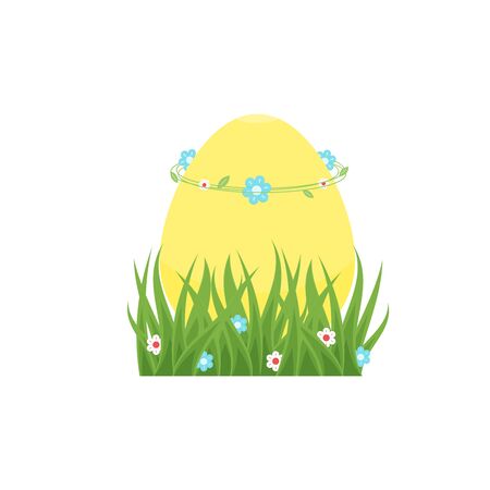 Happy Easter greeting card with yellow egg in green grass for hunt, with wreath from flowers and leaves on the top. Vector design isolated on white background for hunting ad, banner, sale poster.のイラスト素材