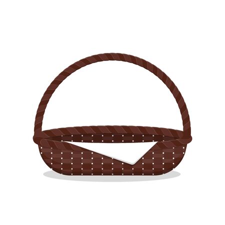 Empty brown wicker basket with white napkin. Element for holiday, present, gift or picnic design. Vector isolated on white background illustration.のイラスト素材