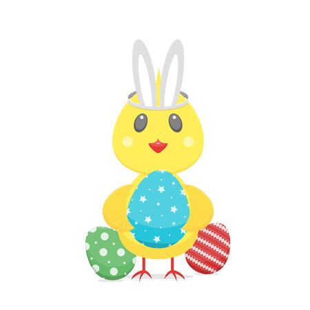Happy Easter colourful chick, eggs, bunny earsのイラスト素材