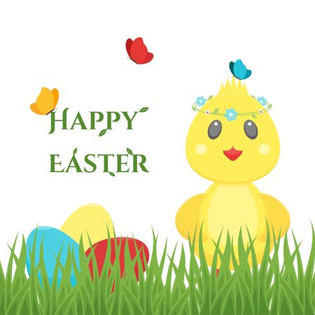 Happy Easter card with colourful eggs, chickのイラスト素材