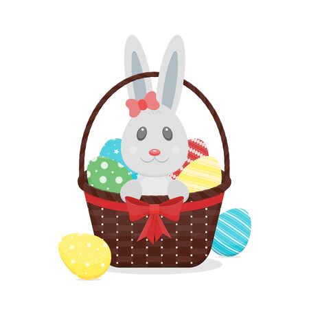 Happy Easter basket. Eggs, bunny, red bow, ribbonのイラスト素材