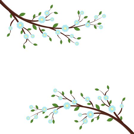 Spring or summer card template with blooming tree branche with blue flowers, green leaves. Vector isolated gentle illustration for design of holiday invitation, greeting card, banner or poster.のイラスト素材