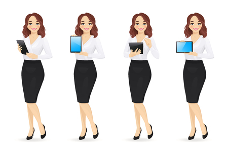 Business woman in different poses with tablet set isolated vector illustration. Using, holding, typing, showing blank screenの販売画像