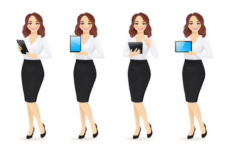 Business woman in different poses with tablet set isolated vector illustration. Using, holding, typing, showing blank screen