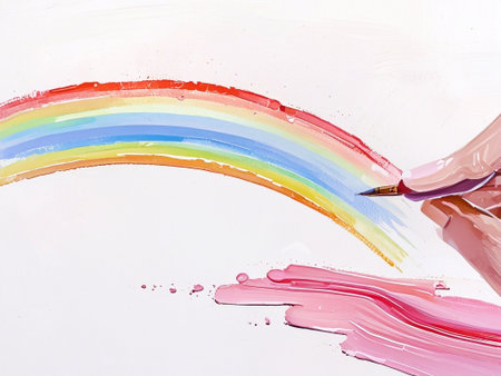 rainbow painted with oil paints on canvas on white background. Smudges and drips of rainbow-colored paint. Pattern featuring an abstract background of brush strokesの素材