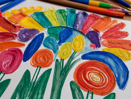 childrens drawing on the theme of flowers, drawn with colored pencils and paintsの素材