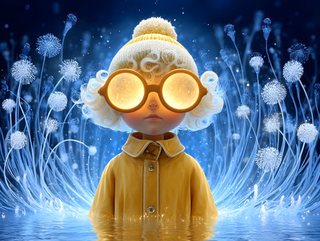 Child wearing glowing glasses exploring moonlit dandelion field, yellow coat illuminating whimsical landscape with luminescent flower silhouettesの写真素材