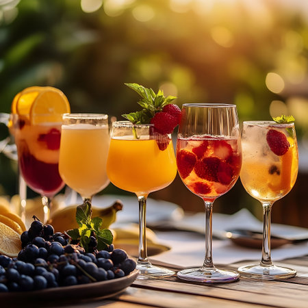 Frosty cocktail glasses filled with colorful summer drinks, garnished with citrus, berries, fruit slices, mint leaves, creating refreshing tropicalの素材
