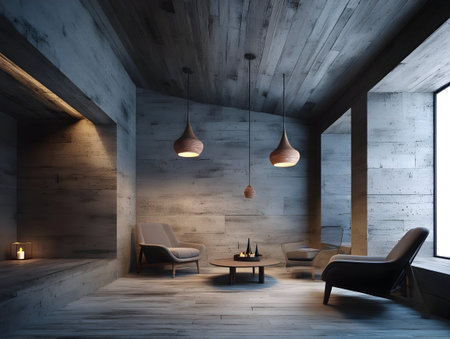 Soft sunlight streaming through expansive window, highlighting pastel living room interior with modern arc lamp and comfortable plush seatingの素材