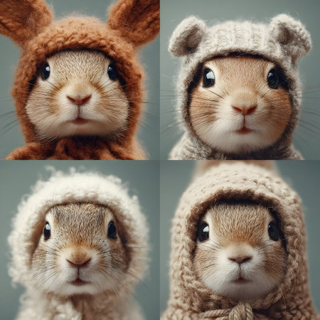 Set collection Cute house mouses wearing knitted winter hat and scarf, standing comfortably against dark background with cozy, whimsical demeanorの素材