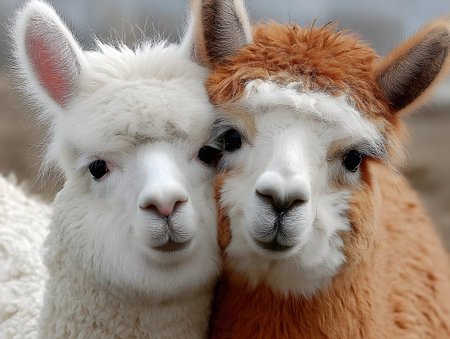 Close-up of a white and brown lovely llamas portrait, exuding smartly comical charm against the backdrop of a gloomy rainy sky. Funny animalsの素材