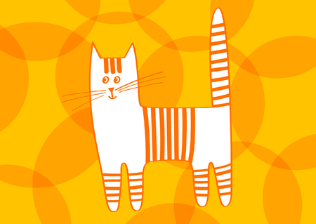Striped orange cartoon cat on background with patterns. Vector illustrationのイラスト素材
