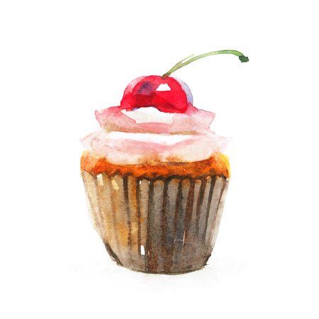 Hand drawn cupcake with cherry, watercolor illustration, isolated on white background, perfect for invitations, cards, dinners and menu templates.の写真素材