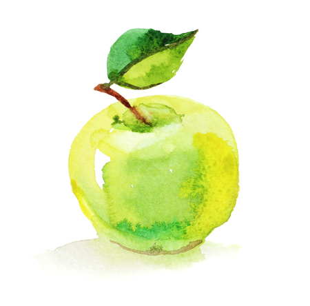 Green apple with leaf, watercolor illustration on white backgroundの写真素材