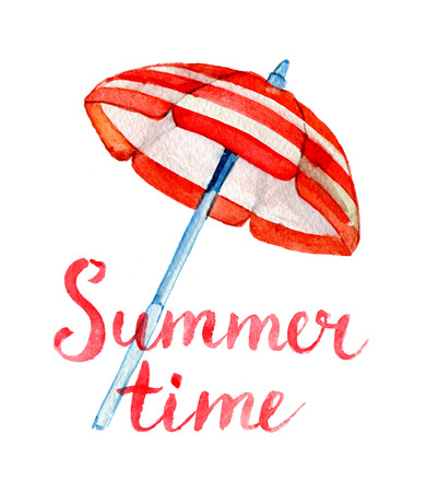 Summer time lettering and watercolor beach umbrella, isolated on whiteの写真素材