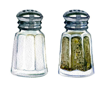 Salt and pepper shaker on white background, watercolor illustrationの写真素材