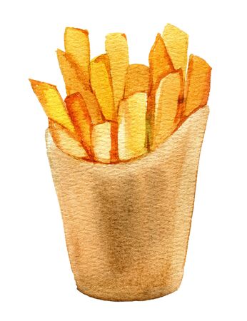 French fries in craft cardboard box, isolated on white background, watercolor illustrationの写真素材