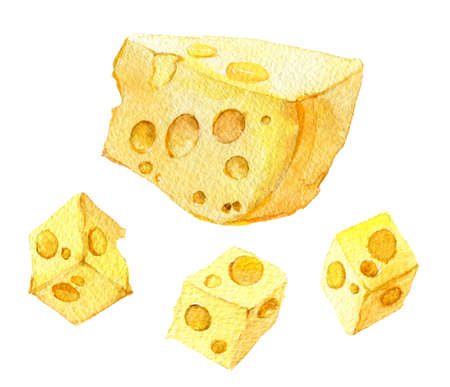Piece of cheese and cheese cubes isolated on whiteの写真素材
