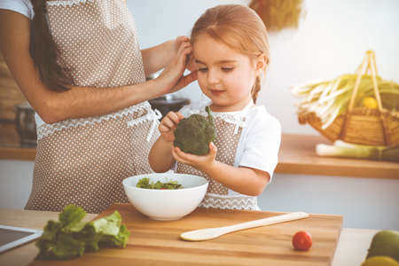 Happy woman and her daughter making healthy vegan salad and snacks for family feasting in sunny kitchen. Christmas, New year, Thanksgiving, Anniversary, Mothers Day. Healthy meal cooking conceptの写真素材