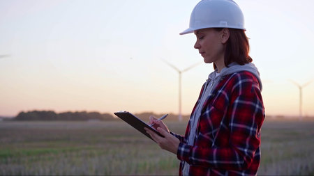 Female engineer taking notes on a clipboard on a field with wind turbines, as the sun sets. Concept...