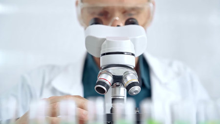 Man scientist with protective glasses using microscope in laboratory. Microbiology science concept