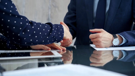 Professional handshake between two professionals and applauds at a corporate meeting with reflection...