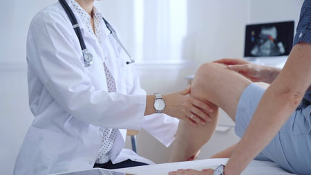 Doctor is carefully examining a patients knee, providing personalized care and support. Medicine and...
