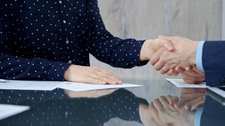 Professional handshake between two professionals and applauds atの写真素材