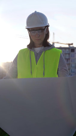 Female architect or engineer wearing safety hard hat and vest holding blueprint while inspecting a construction site at sunrise in early morning, front vertical view. Architecture conceptの写真素材