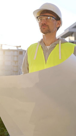 Man an architect or engineer wearing safety hard hat and vest holding blueprint and looking to...